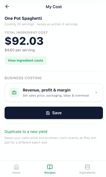One Pot Spaghetti costing screen showing $92.03 total ingredient cost and $4.60 per serving